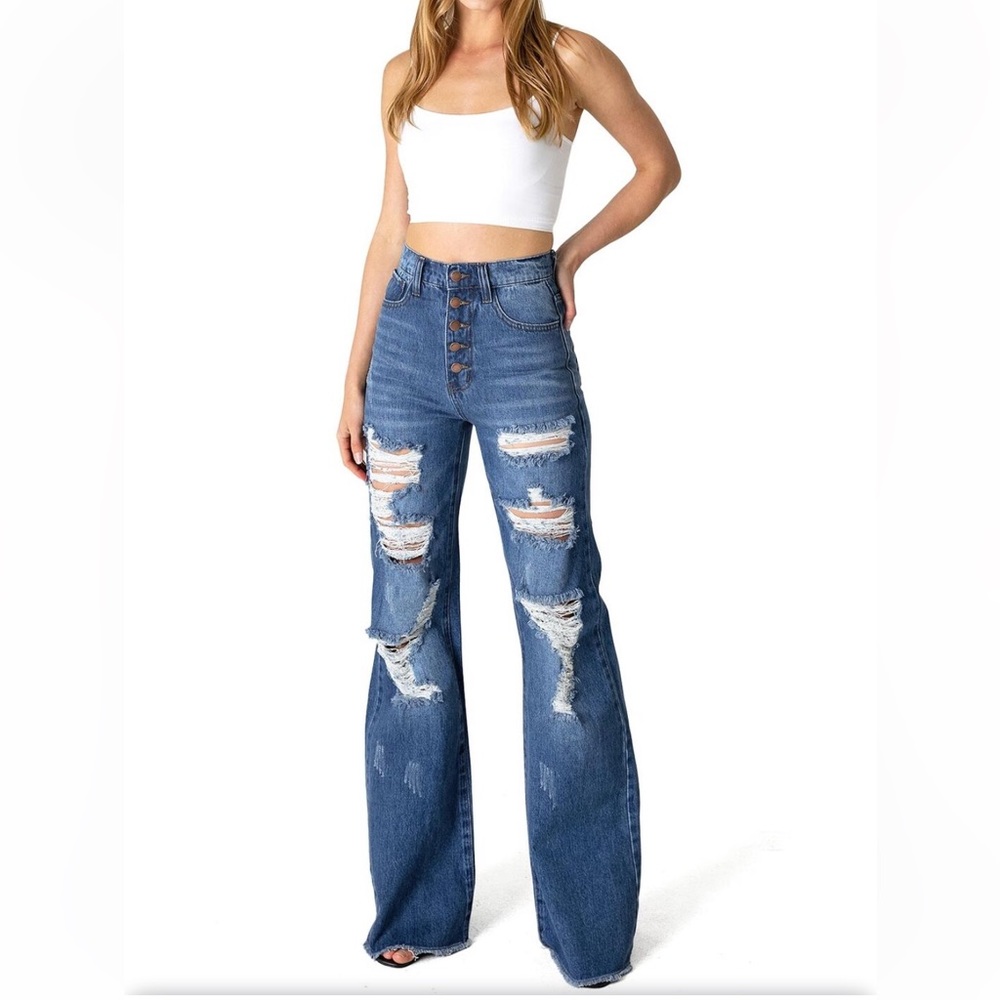 Vibe & Rant Denim High Rise Ripped Wide Leg Flare Jeans